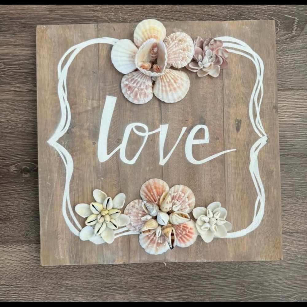12x12” Love Wooden Wall Hanging- real shells